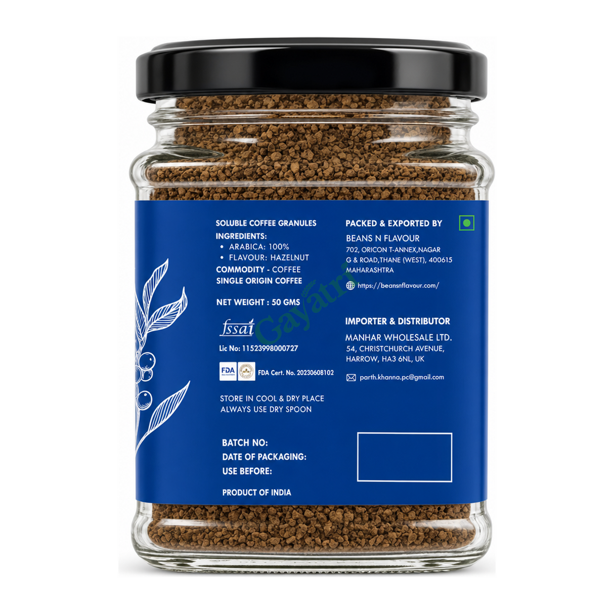 Pure Instant Coffee Freeze Dried Hazelnut by Beans N Flavour — back view showing ingredients and product details, studio product photo on white background