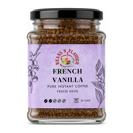 French Vanilla Pure Instant Coffee Freeze Dried by Beans N Flavour — front view showing product label and branding, studio product photo on white background