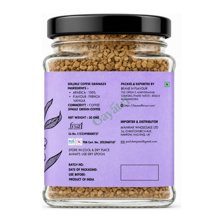 French Vanilla Pure Instant Coffee Freeze Dried by Beans N Flavour — back view showing ingredients and product details, studio product photo on white background