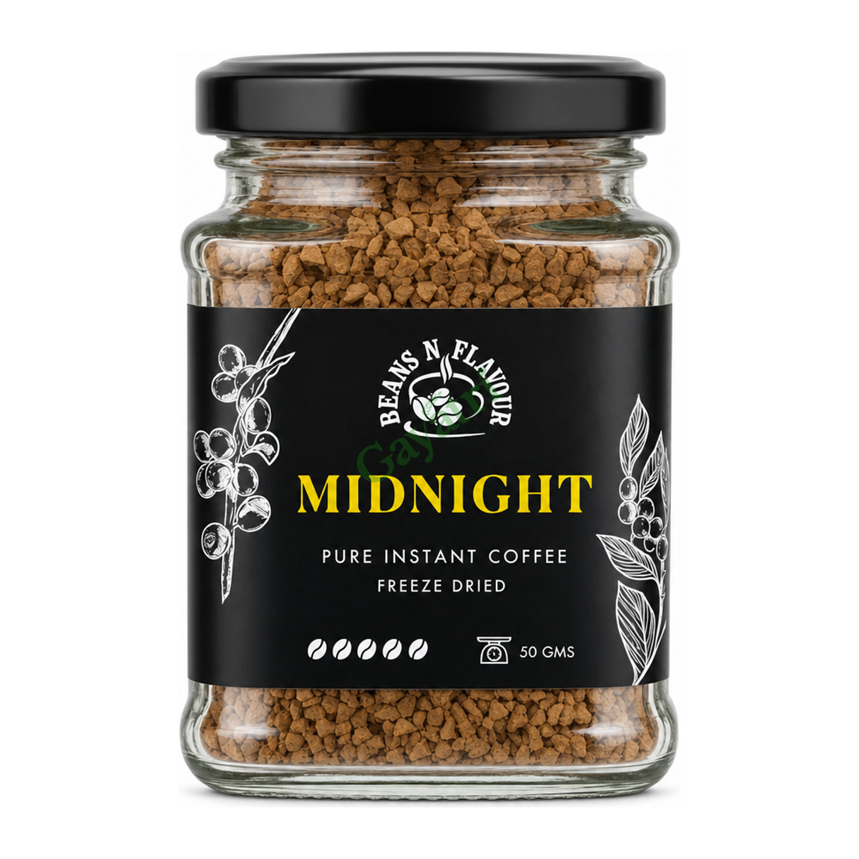 Midnight Pure Instant Coffee Freeze Dried Midnight by Beans N Flavour — front view showing product label and branding, studio product photo on white background