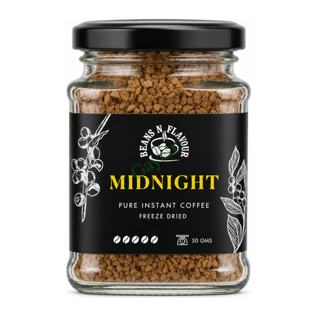 Midnight Pure Instant Coffee Freeze Dried Midnight by Beans N Flavour — front view showing product label and branding, studio product photo on white background