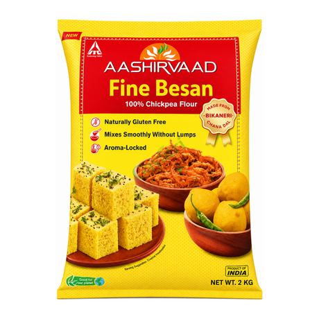 Fine Besan Fine by Aashirvaad — front view showing product label and branding, studio product photo on white background