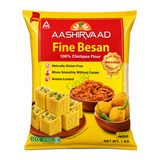 Fine Besan 100% Chickpea Flour by Aashirvaad — front view showing product label and branding, studio product photo on white background