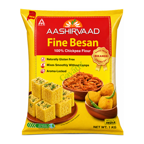 Fine Besan 100% Chickpea Flour by Aashirvaad — front view showing product label and branding, studio product photo on white background