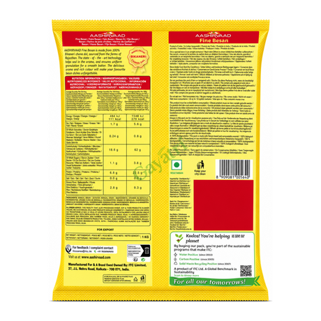 Fine Besan 100% Chickpea Flour by Aashirvaad — back view showing ingredients and product details, studio product photo on white background