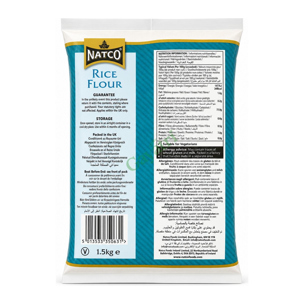 Rice Flour by Natco — back view showing ingredients and product details, studio product photo on white background