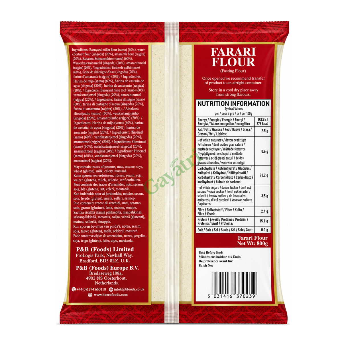 Farari Flour (Fasting Flour) by Heera — back view showing ingredients and product details, studio product photo on white background
