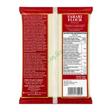 Farari Flour (Fasting Flour) by Heera — back view showing ingredients and product details, studio product photo on white background