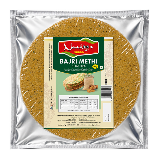 Bajri Methi Khakhra by Namkeen House — front view showing product label and branding, studio product photo on white background
