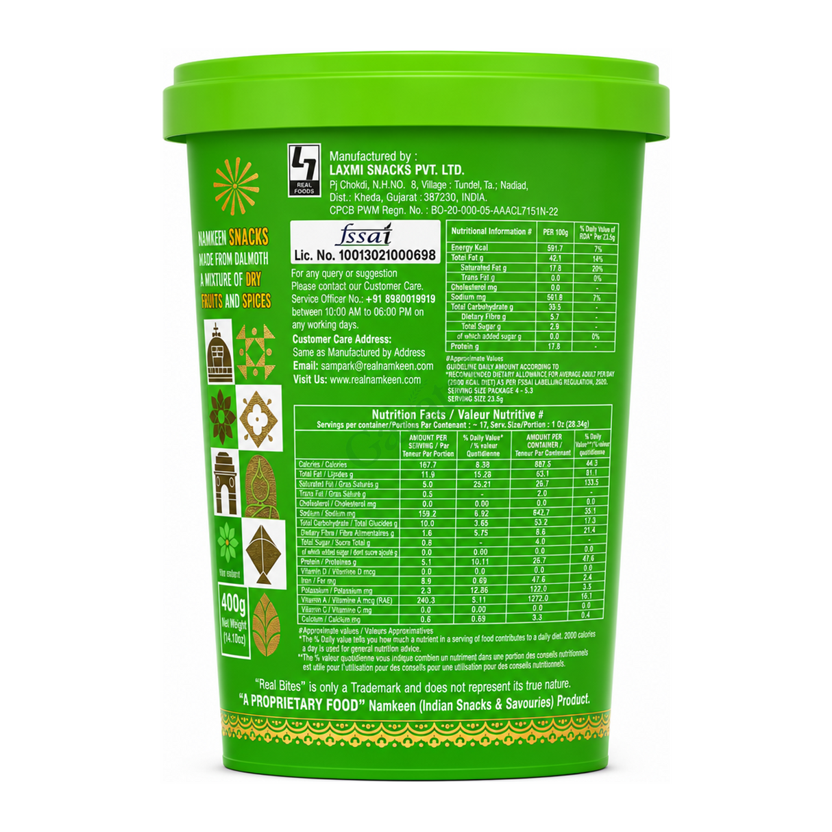 Shahi Dalmoth by Real Bites! — back view showing ingredients and product details, studio product photo on white background