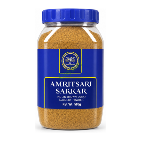 Amritsari Sakkar Indian Brown Sugar (Jaggery Powder) by Heera — front view showing product label and branding, studio product photo on white background