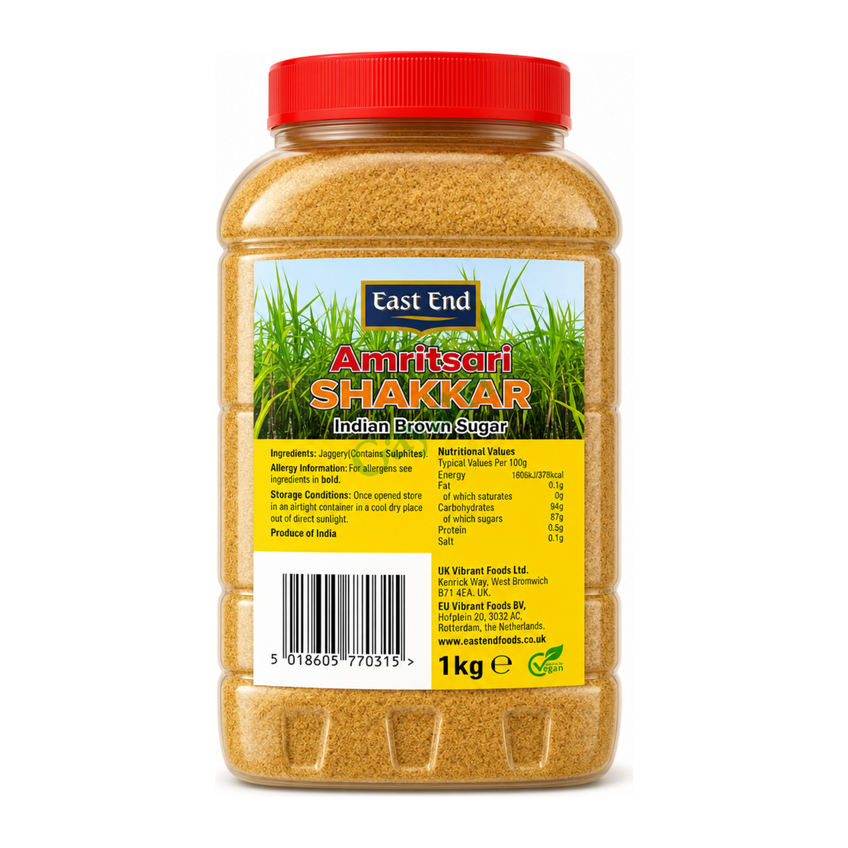 Amritsari Shakkar Indian Brown Sugar by East End — front view showing product label and branding, studio product photo on white background