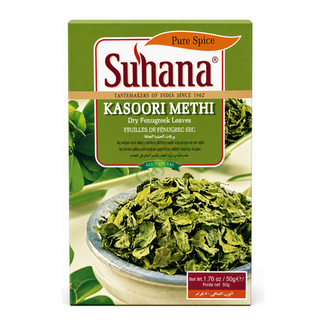 Kasoori Methi Dry Fenugreek Leaves by Suhana — front view showing product label and branding, studio product photo on white background