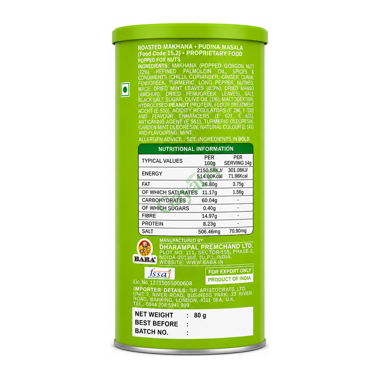 Makhana Popped Fox Nuts Pudina Masala by Snack Factory — back view showing ingredients and product details, studio product photo on white background