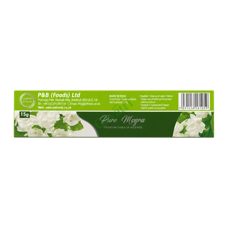 Pure Mogra Premium Masala Incense by Heera — back view showing ingredients and product details, studio product photo on white background