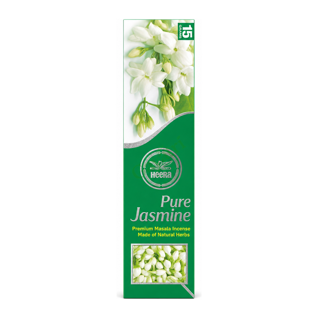 Pure Jasmine Premium Masala Incense by Heera — front view showing product label and branding, studio product photo on white background