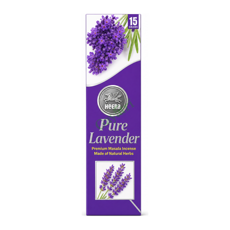 Pure Lavender Premium Masala Incense by Heera — front view showing product label and branding, studio product photo on white background