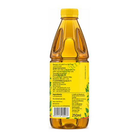 Pure Mustard Oil by Heera — back view showing ingredients and product details, studio product photo on white background