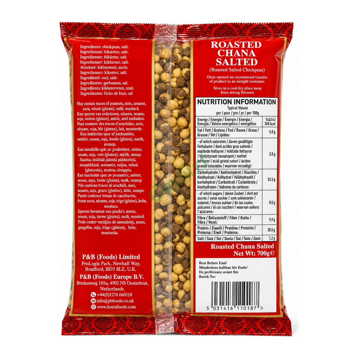 Roasted Chana Salted Salted by Heera — back view showing ingredients and product details, studio product photo on white background