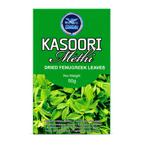Kasoori Methi Dried Fenugreek Leaves by Heera — front view showing product label and branding, studio product photo on white background
