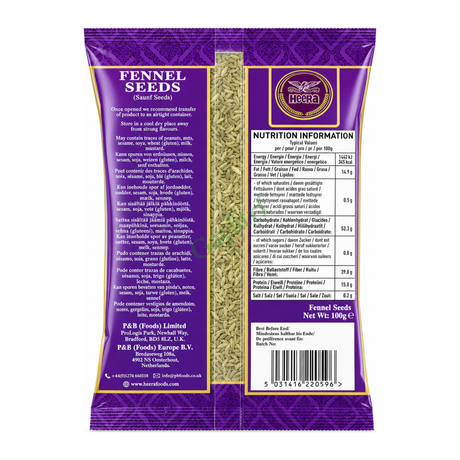 Fennel Seeds (Saunf Seeds) by Heera — back view showing ingredients and product details, studio product photo on white background
