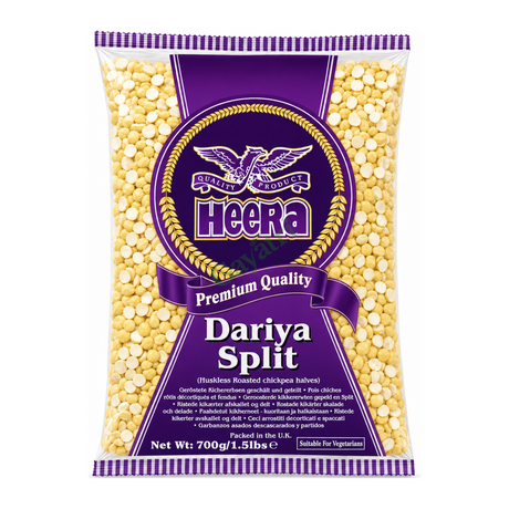 Dariya Split Roasted chickpea halves by Heera — front view showing product label and branding, studio product photo on white background