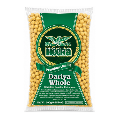 Dariya Whole Huskless Roasted Chickpeas by Heera — front view showing product label and branding, studio product photo on white background