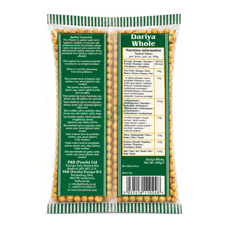 Dariya Whole Huskless Roasted Chickpeas by Heera — back view showing ingredients and product details, studio product photo on white background