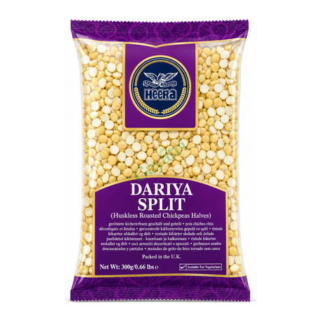 Dariya Split Huskless Roasted Chickpeas Halves by Heera — front view showing product label and branding, studio product photo on white background
