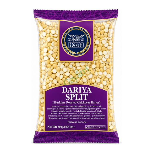 Dariya Split Huskless Roasted Chickpeas Halves by Heera — front view showing product label and branding, studio product photo on white background