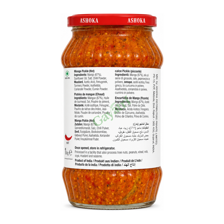 Mango Pickle Hot Hot by Ashoka — back view showing ingredients and product details, studio product photo on white background