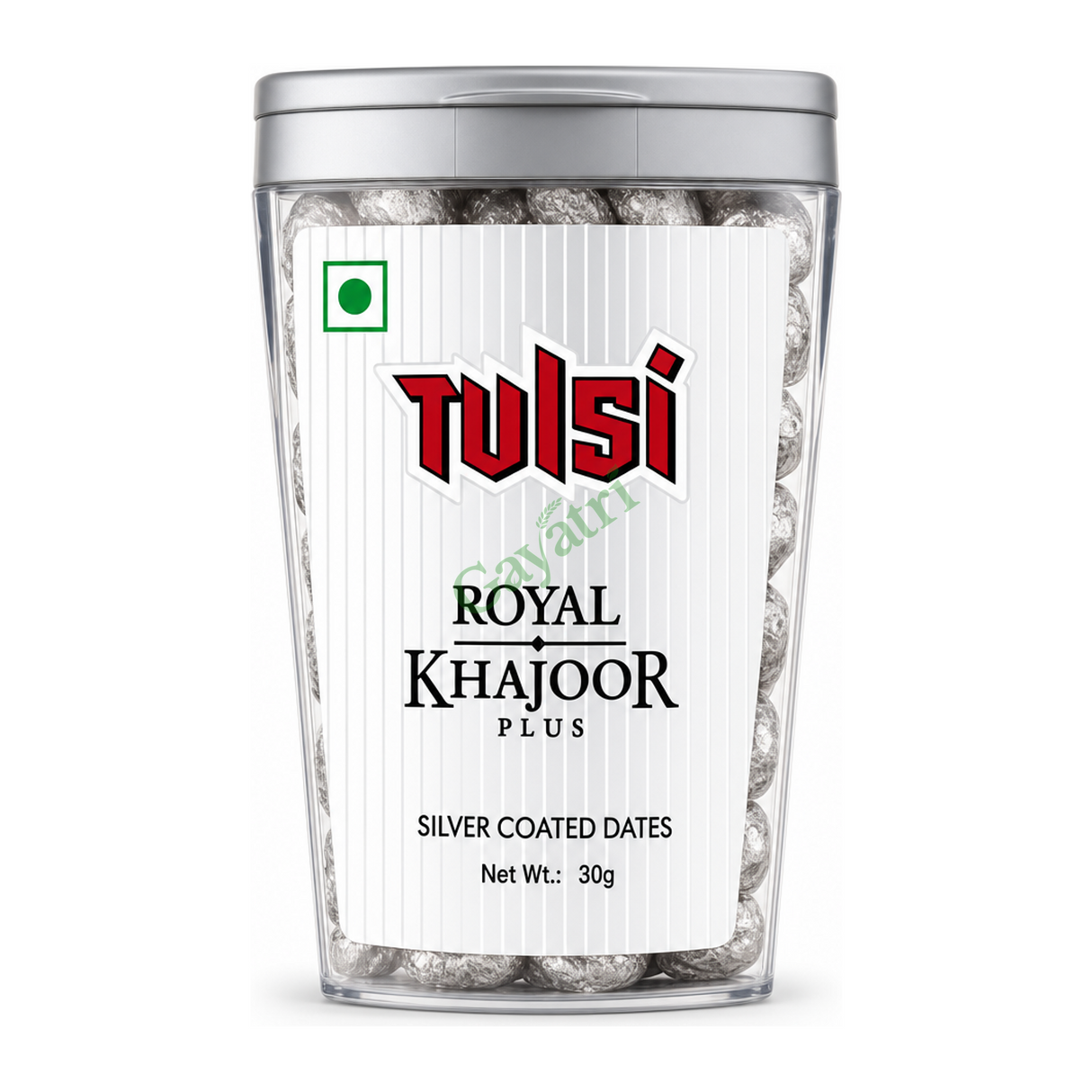 Royal Khajoor Plus Silver Coated Dates by Tulsi — front view showing product label and branding, studio product photo on white background