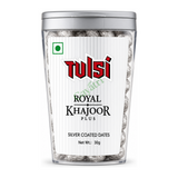 Royal Khajoor Plus Silver Coated Dates by Tulsi — front view showing product label and branding, studio product photo on white background
