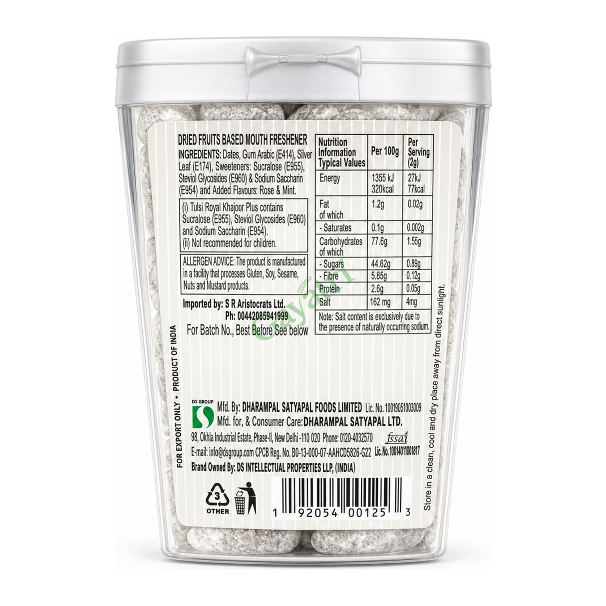 Royal Khajoor Plus Silver Coated Dates by Tulsi — back view showing ingredients and product details, studio product photo on white background