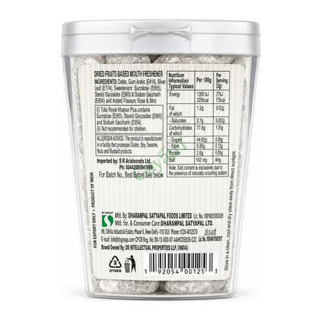 Royal Khajoor Plus Silver Coated Dates by Tulsi — back view showing ingredients and product details, studio product photo on white background