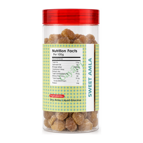 Sweet Amla by Mukhwas Bites — back view showing ingredients and product details, studio product photo on white background