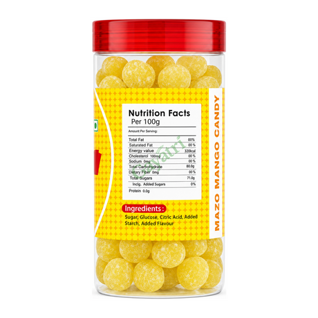 Mazo Mango Candy by Mukhwas Bites — back view showing ingredients and product details, studio product photo on white background