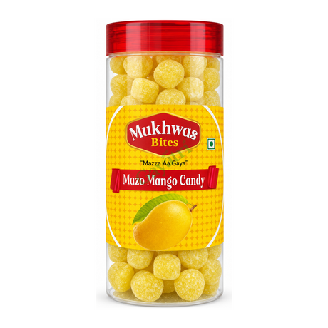 Mazo Mango Candy by Mukhwas Bites — front view showing product label and branding, studio product photo on white background