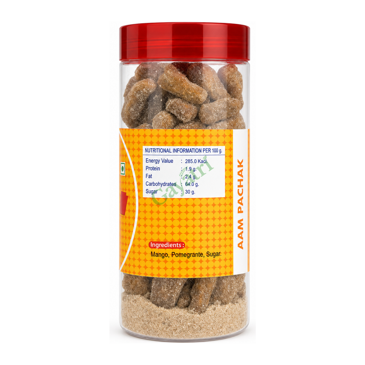 Aam Pachak by Mukhwas Bites — back view showing ingredients and product details, studio product photo on white background