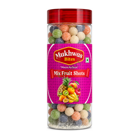 Mukhwas Bites Mix Fruit Shots by Mukhwas Bites — front view showing product label and branding, studio product photo on white background