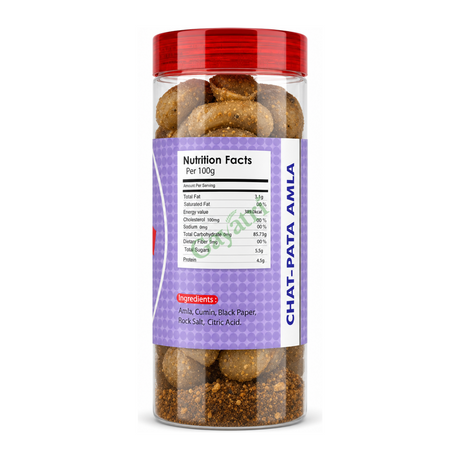 Chat-Pata Amla by Mukhwas Bites — back view showing ingredients and product details, studio product photo on white background