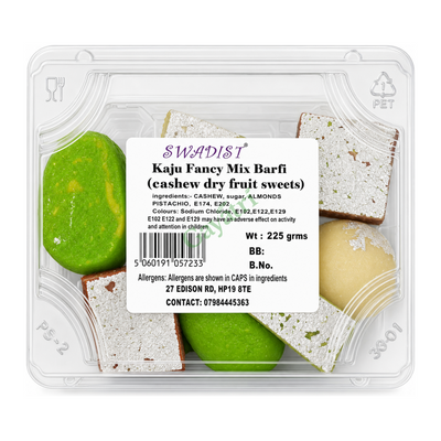 Kaju Fancy Mix Barfi (cashew dry fruit sweets) by Swadist — front view showing product label and branding, studio product photo on white background