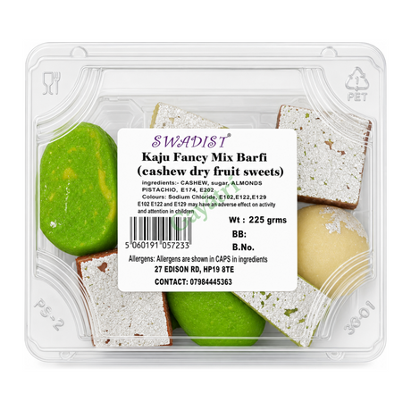 Kaju Fancy Mix Barfi (cashew dry fruit sweets) by Swadist — front view showing product label and branding, studio product photo on white background