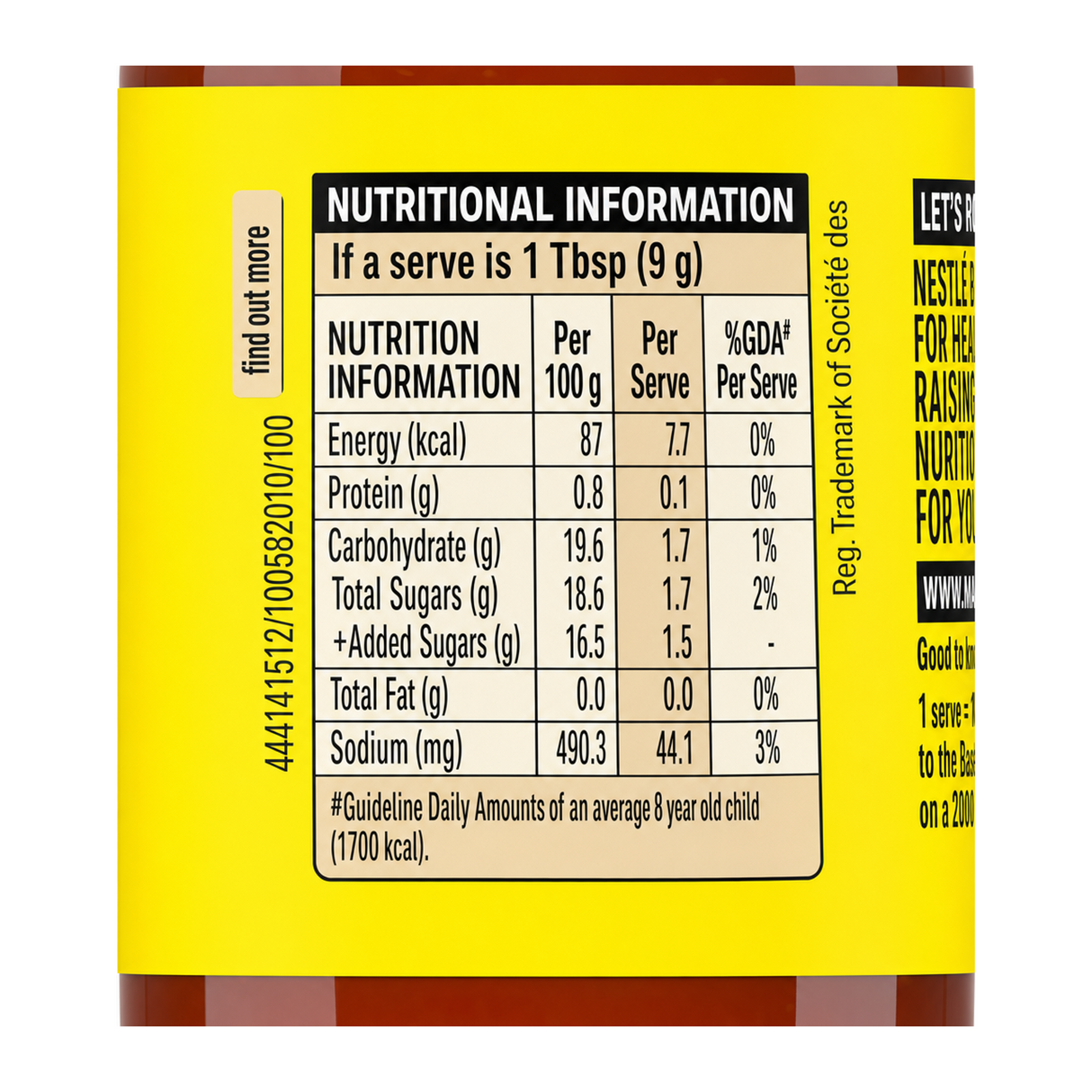 Rich Tomato Sauce No Onion No Garlic No Onion No Garlic by Maggi — nutrition facts side panel, studio product photo on white background