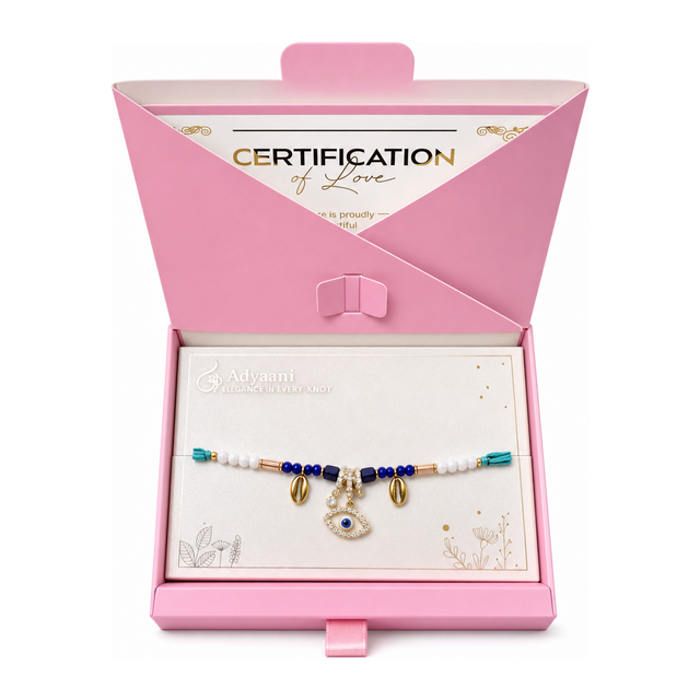 Elegance in Every Knot Rakhi by Adyaani — front view showing product label and branding, studio product photo on white background