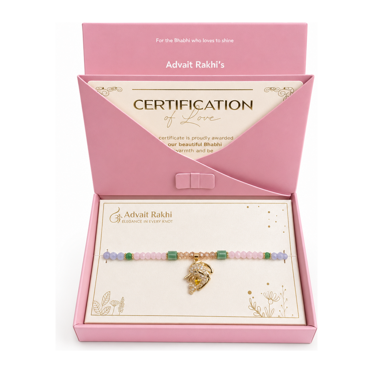 Elegance In Every Knot Rakhi by Advait Rakhi's — front view showing product label and branding, studio product photo on white background