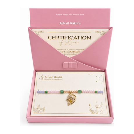 Elegance In Every Knot Rakhi by Advait Rakhi's — front view showing product label and branding, studio product photo on white background