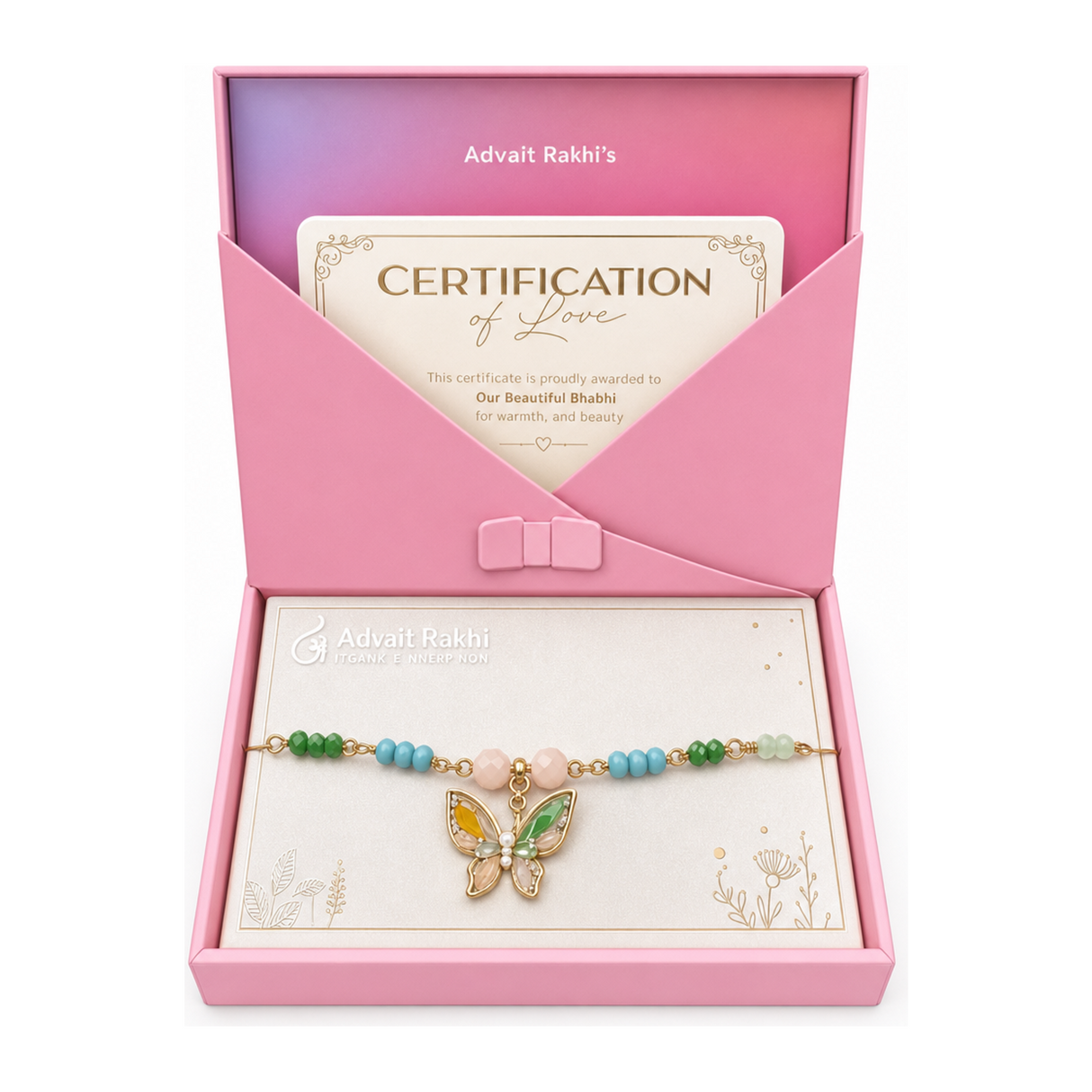 Elegance in Every Knot Butterfly Rakhi by Advait Rakhi — front view showing product label and branding, studio product photo on white background