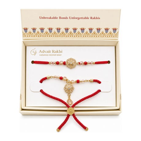 Elegance in Every Knot Rakhi by Advait Rakhi — front view showing product label and branding, studio product photo on white background