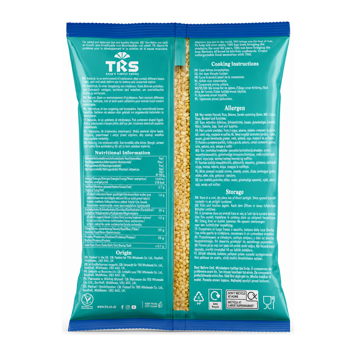 Mung Dal Split Mung Beans by TRS — back view showing ingredients and product details, studio product photo on white background
